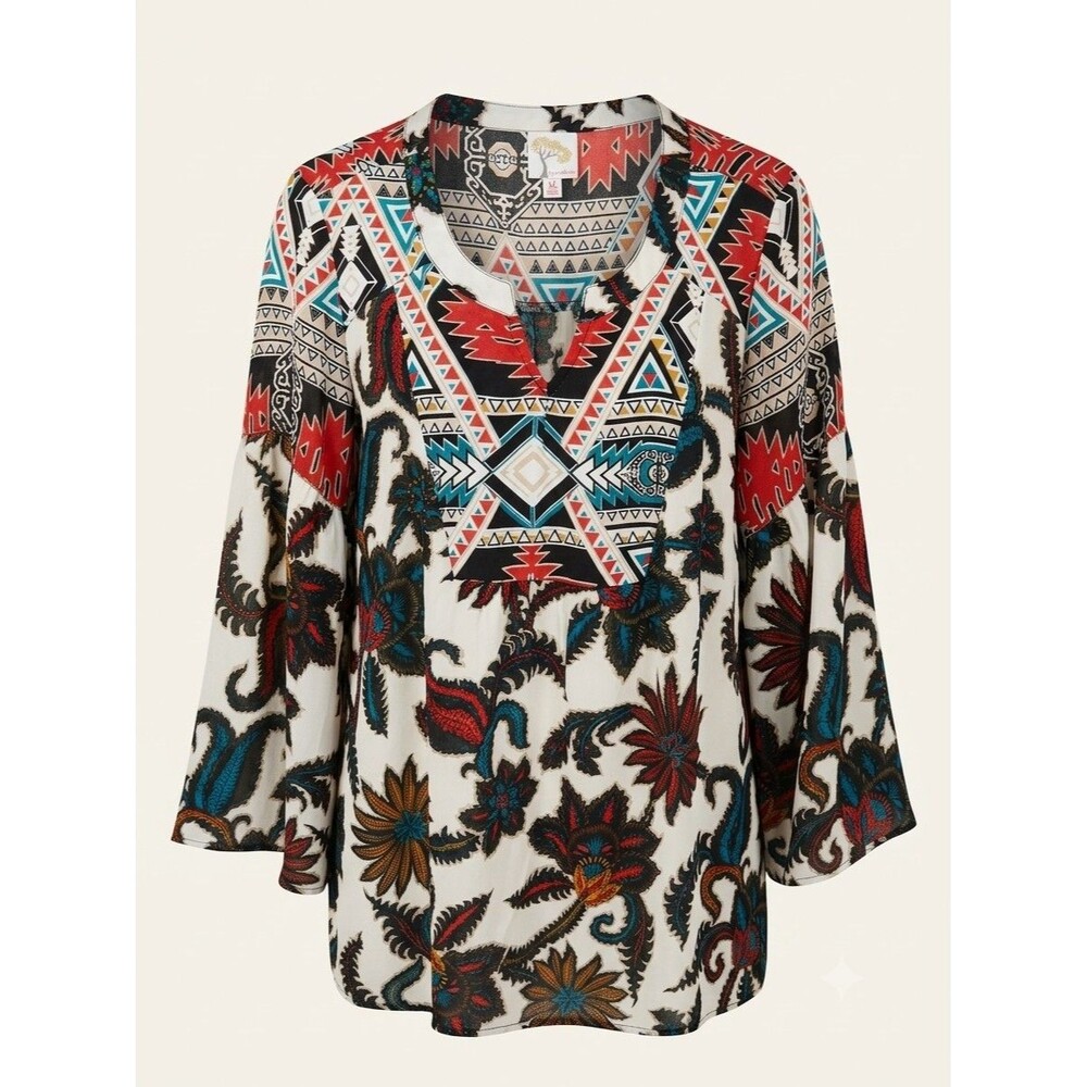Fig & Flower Womens XL Boho Tribal Geometric Notch Neck Long Sleeve Blouse Top